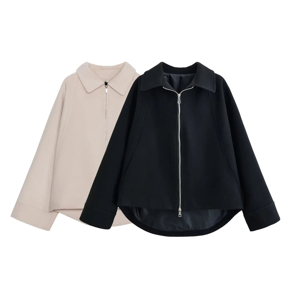 Women Woolen Jacket 2025 Autumn Winter Lapel Long Sleeve Women's Coat Zipper Loose Female Casual Outerwear Retro Lady Tops ﻿