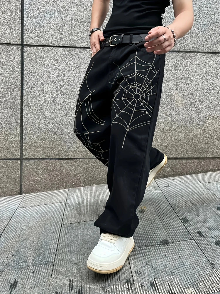 Men's Black Jeans Spider Web Printing Loose Wide Leg Casual Daily Trousers High Street Fashion Trendy Streetwear Denim Pants