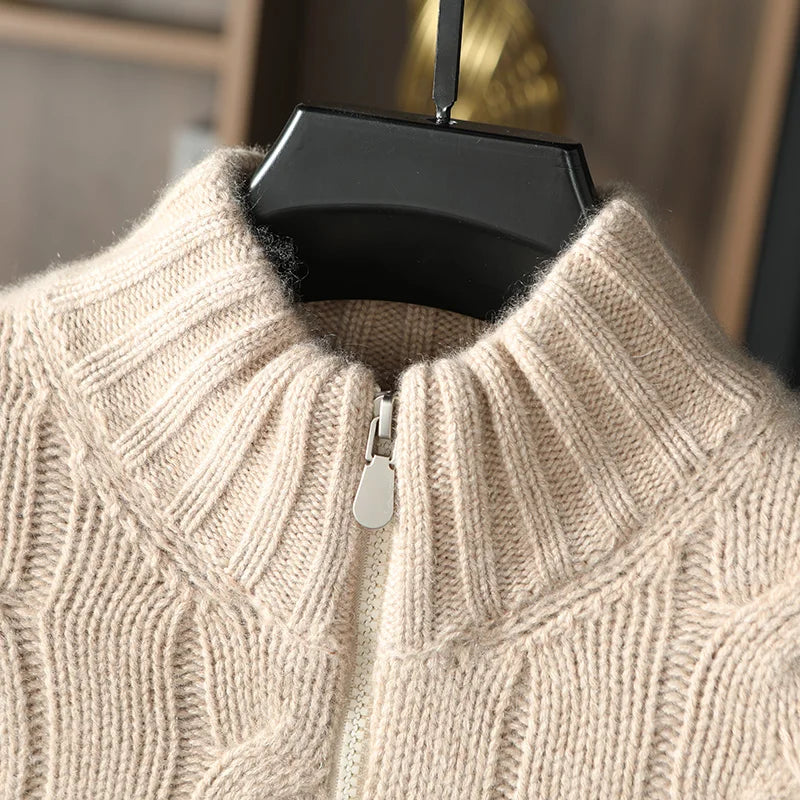 Men's 100% Pure Cashmere Knitting High Neck Cardigan Zipper Thickened Coat Fashion Old Money Style Big Fried Dough Twist Design
