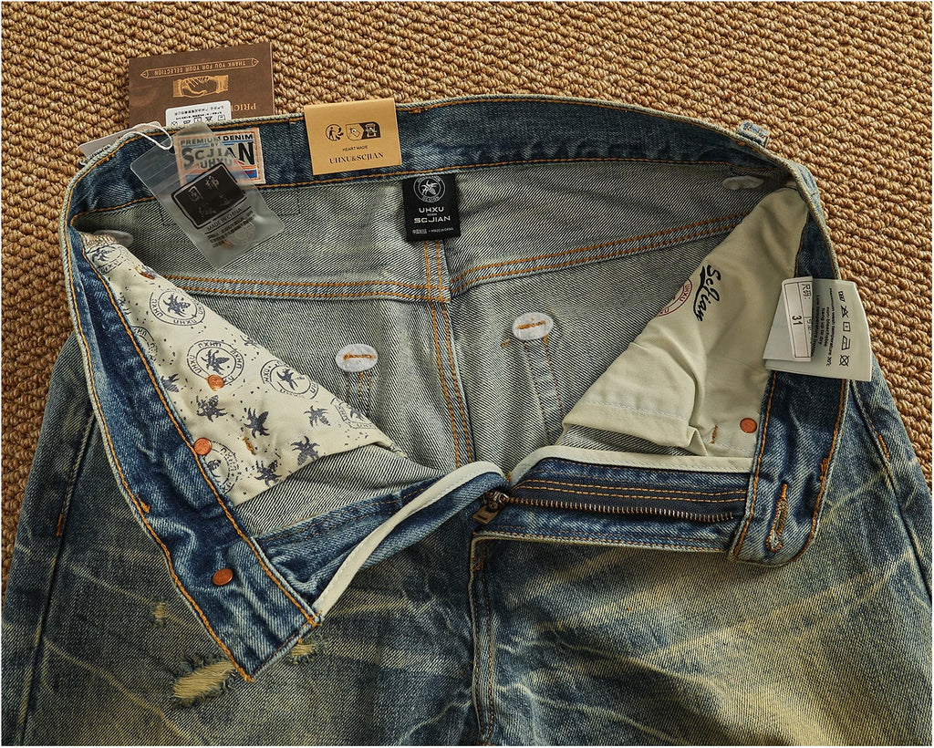 2025 Autumn New American Retro Heavyweight Ripped Denim Men's Fashion 100% Cotton Washed Old Straight Tapered Casual Jeans