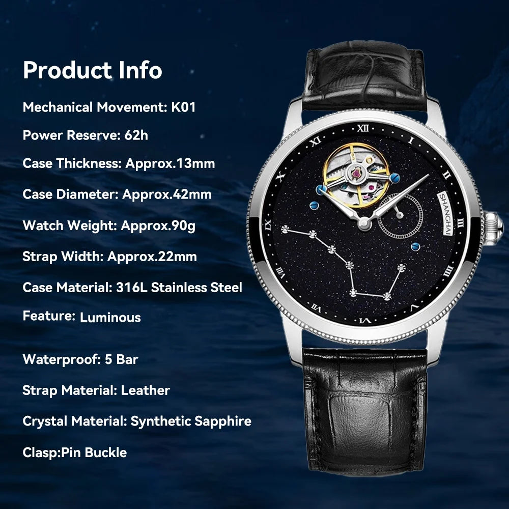 Shanghai Watch Carousel Manual Winding Mechanical Watches Luxury Men's Wristwatch Rotating Dial Luminous Waterproof Watch 6813J