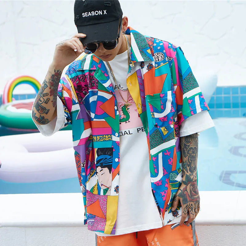 Men Loose Hip Hop Shirt Harajuku Japanese Ukiyo E Anime Shirt Short Sleeve Top Hawaiian Shirt Casual Streetwear Thin Summer 2025
