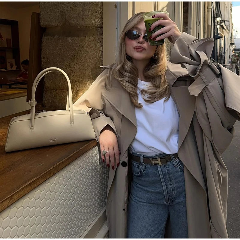Solid Lace Up Long Trench Coat Women Fashion Full Sleeve Lapel Single Breasted Loose Outerwear 2026 Lady Spring High Street Coat