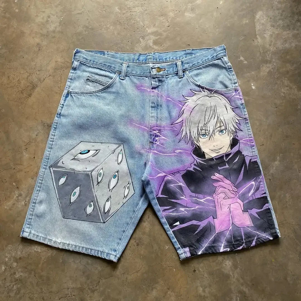Retro American Trendy Streetwear Y2K Harajuku Anime Printed Denim Shorts Men Gothic Hip-hop Punk Loose Casual Straight Pants