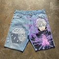 Retro American Trendy Streetwear Y2K Harajuku Anime Printed Denim Shorts Men Gothic Hip-hop Punk Loose Casual Straight Pants