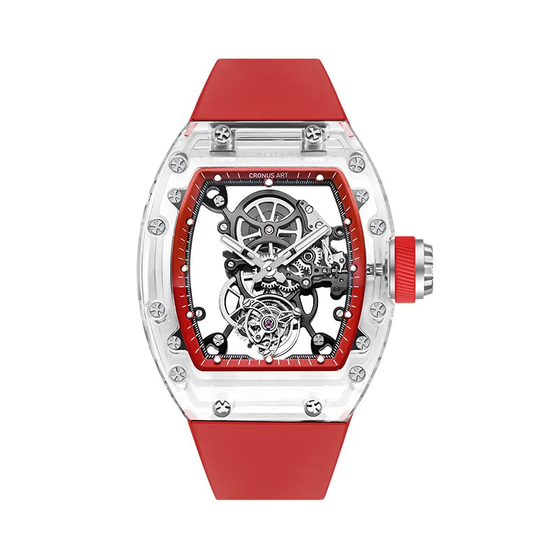 CRONUSART Men Tourbillon Watch Luxury Tonneau Automatic Mechanical Wristwatch Sapphire Case Luminous Fluororubber Strap Skeleton