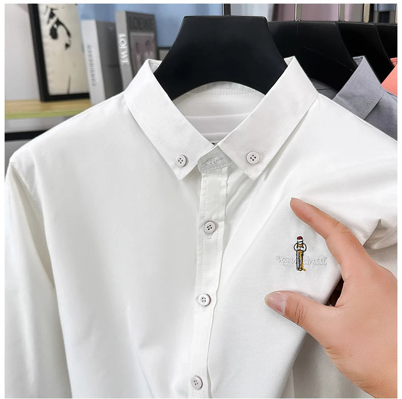 Light luxury fashion men's long sleeve shirt brand cartoon embroidery high-quality business casual solid color golf lapel top