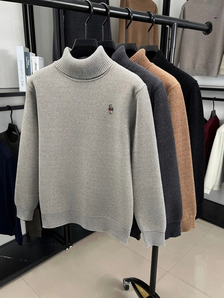 Brand cartoon bear embroidered high neck sweater luxury high end brand trend knit pullover casual warm plush comfort men's wear