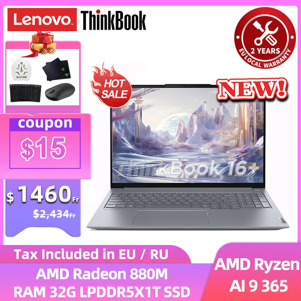 Lenovo Laptop ThinkBook 16+ 2024 AI Ryzen AI 9 365  RAM 32GB  1TB SSD AMD Radeon 880M 16-inch 3.2K LED 165Hz Screen Notebook Pc