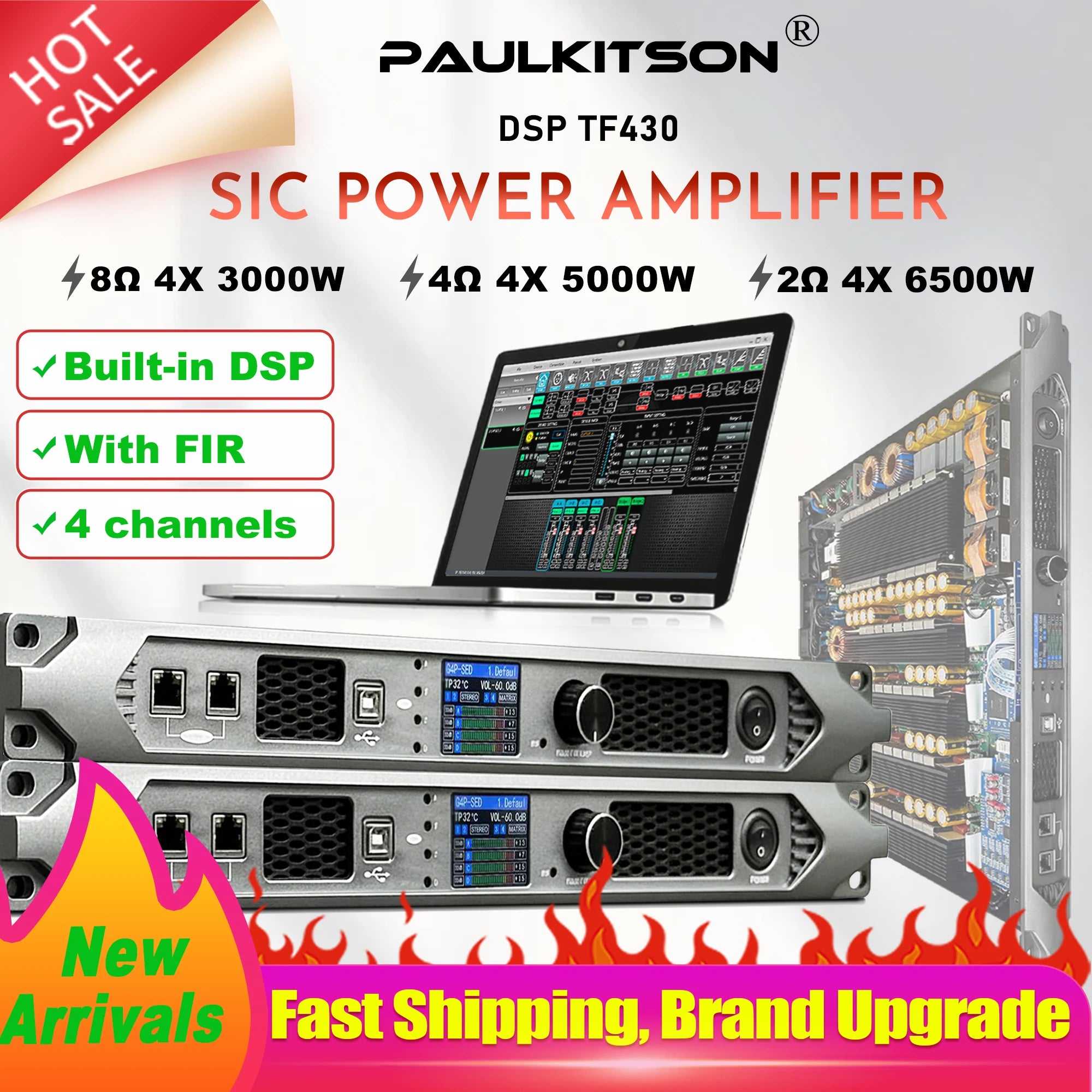 Paulkitson Professional 4channel Digital Power Amplifier Silicon Carbide Class D Power Amplifier Stable 2Ω 4x6800w For Speakers
