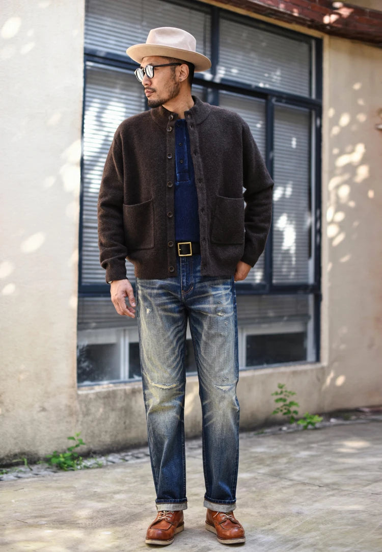 Sauce zhan Bamboo shaped yarn Mens Jeans Selvedge Denim Jeans Distressed Wash jeans for men Straight Fit 14 Oz