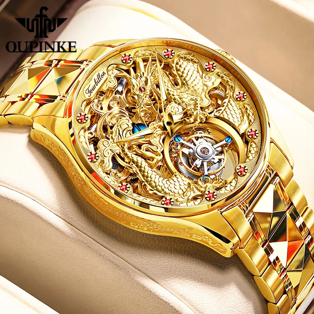 100% OUPNKE 3176 Authentic Tourbillon Men Watch Luxury 3D Relief Golden Dragon Watch Original Mature Automatic Mechanical Watch