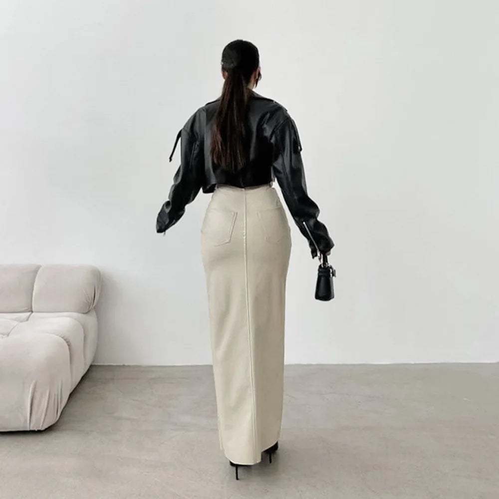 Women's Split Design Solid Color High Waist Pu Leather Skirt 2026 Spring Fall Office Lady Trendy Streetwear Long Skirts