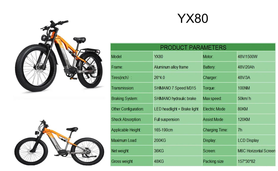 YX80 Electric Bicycle 2000w motor 48v20ah battery Hydraulic brake 50km/h 20 inch tire E-bike mountain off-road Electric bike