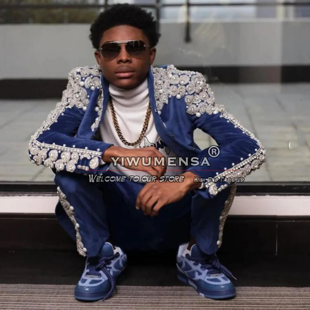 Luxury Crystals Beaded Suits Men Italian Design Jacket Pants 2 Piece Set Groom Wedding Tuxedos Customized Terno Masculinos 2026