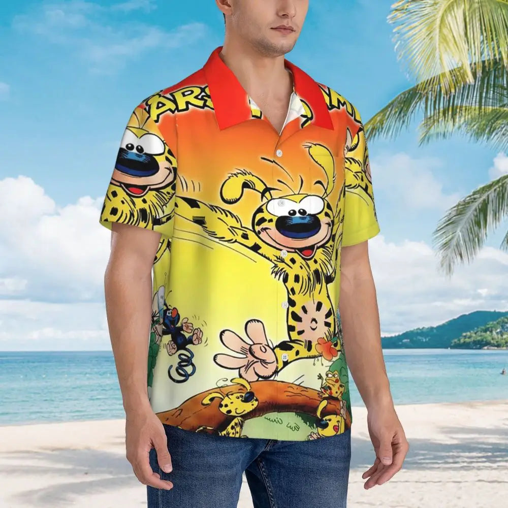 Art - Marsupilami Cartoon Anime Men's Shirts Hawaiian Short Sleeve Shirt Funny Button Tops for Summer Beach