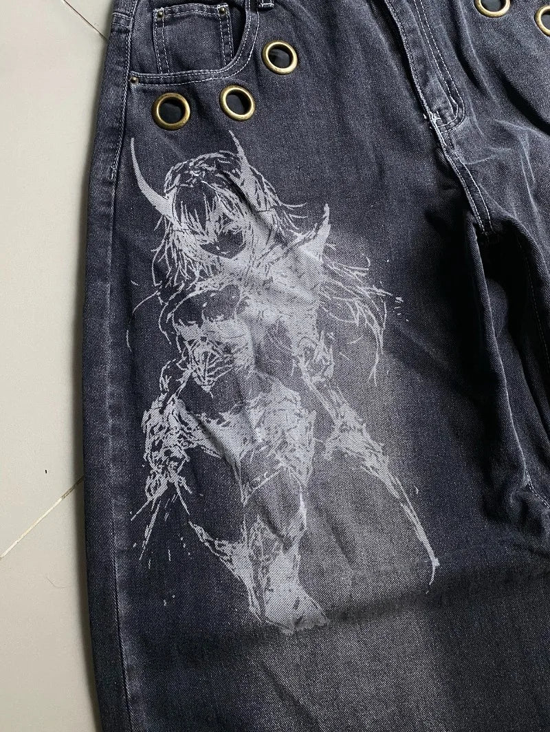American New Fashion Oversized Pattern Printed Washed Jeans Men Y2K Gothic Rock Popular Casual Joker High Waist Wide Leg Pants