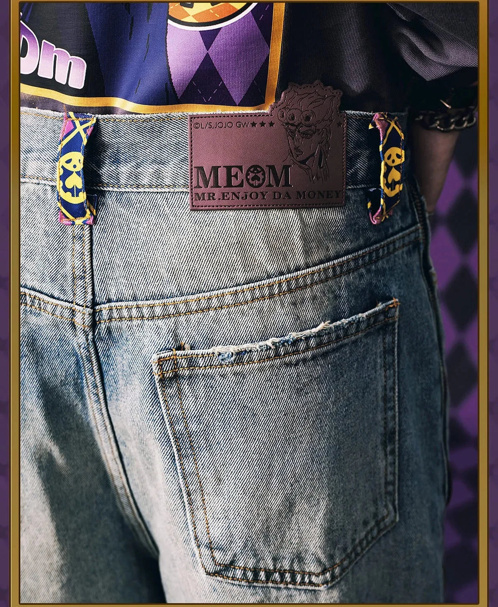 JoJo Anime Zip Off Panel Jeans Men Women High Waist Wide Leg Detachable Print Denim Pants Purple Gold Patchwork Straight Jeans