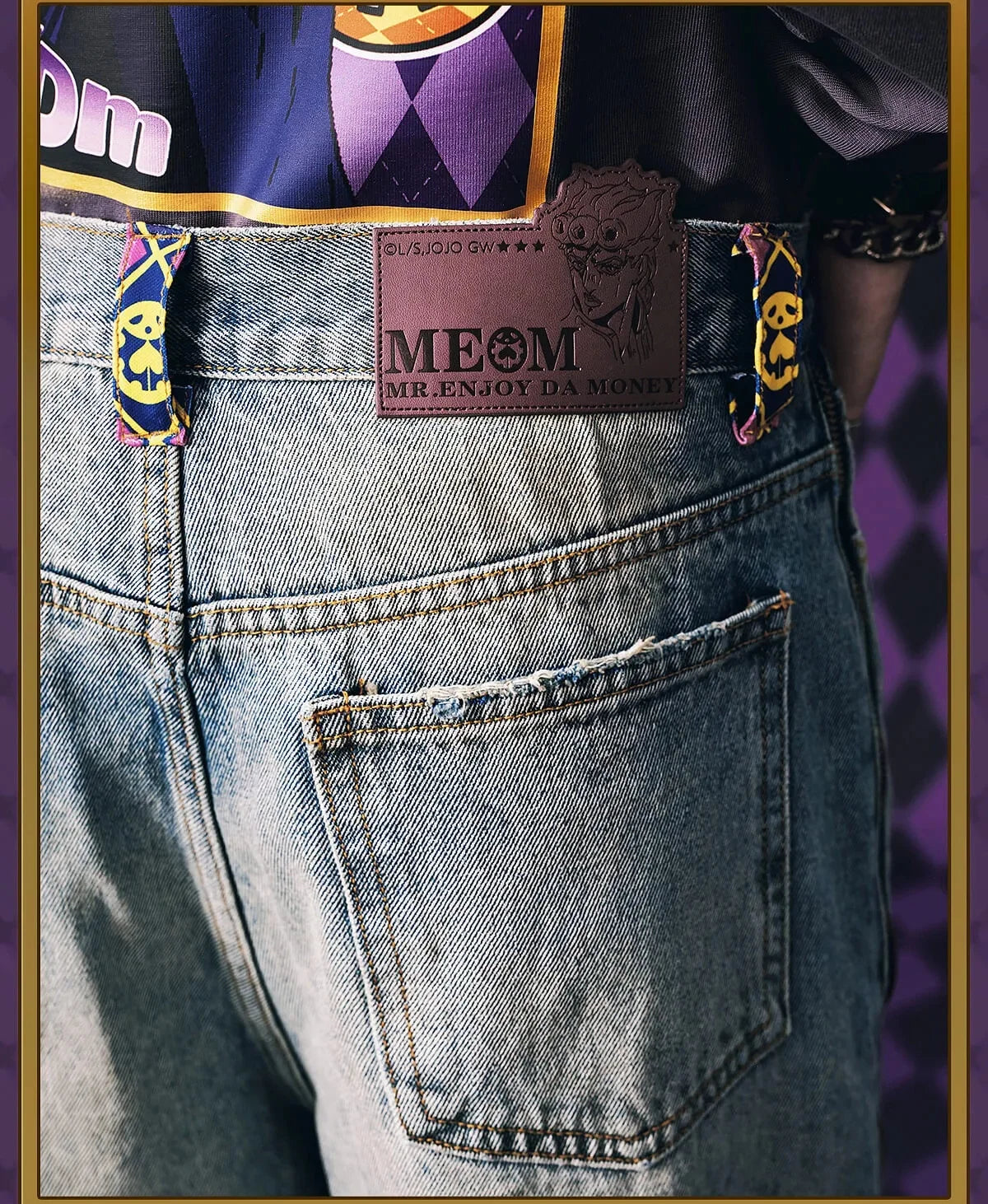 JoJo Anime Zip Off Panel Jeans Men Women High Waist Wide Leg Detachable Print Denim Pants Purple Gold Patchwork Straight Jeans