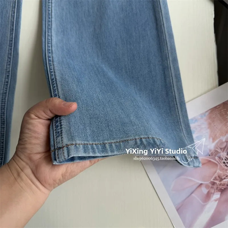 Summer Thin High Waist Slimming Bell Bottom Jeans Women's Fashion Korean Anime Leg Transformation Nine-Piece Micro Flared Denim