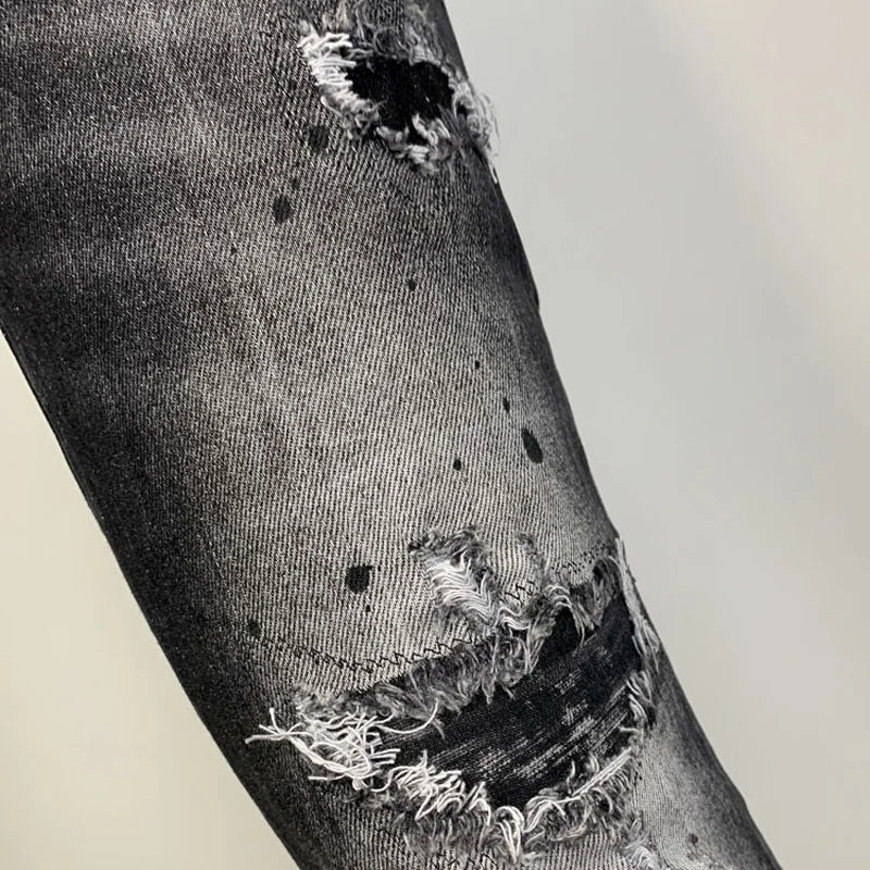 Street Fashion Men Jeans Retro Black Gray Elastic Stretch Slim Fit Hole Ripped Jeans Men Patched Designer Hip Hop Brand Pants