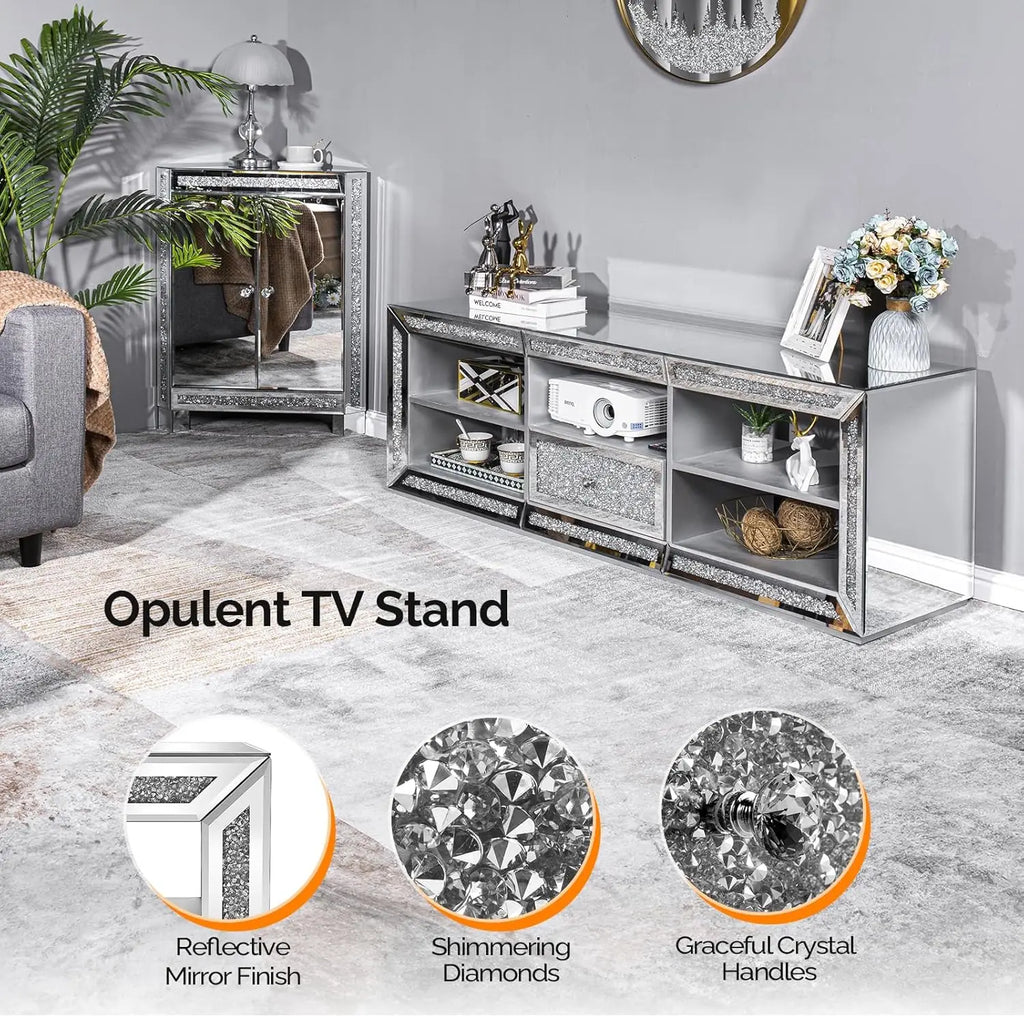 Mirrored TV Stand with Sparkling Diamonds & LED Lights for TVs Up to 65 Inch, Assembled Modern Entertainment Center with Drawer