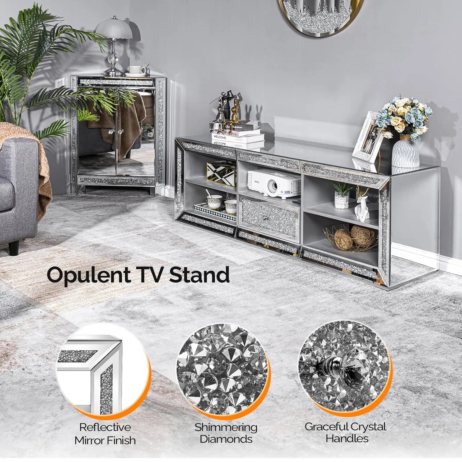 Mirrored TV Stand with Sparkling Diamonds & LED Lights for TVs Up to 65 Inch, Assembled Modern Entertainment Center with Drawer