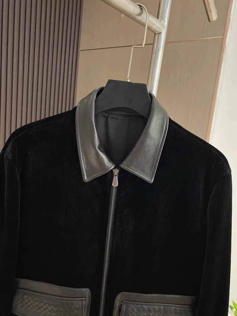 Design Business Mens Velvet Jacket Zipper Spliced Genuine Leather Casual Outerwear Loose Fit Long Sleeve Spring Autumn Men Coats