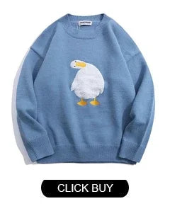 Japanese Knitted Sweater Men Cartoon Animal Duck Goose Print Pullover Harajuku Casual O-neck Oversize Top Streetwear Unisex Fall