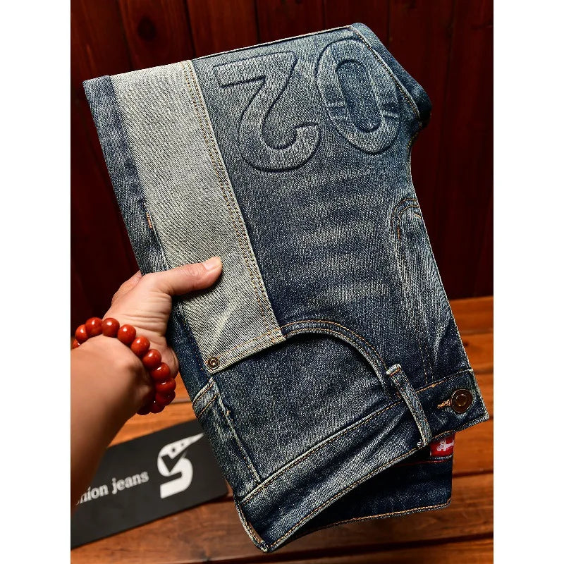 Fashionable high-end jeans for men, slim fit, small feet, washed retro patchwork design, trendy and luxurious men's pants