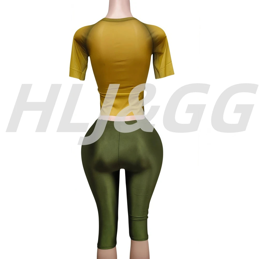 HLJ&GG American Vintage Fashion Letter Mesh See Though Two Piece Sets Women O Neck Short Sleeve Slim Crop Top And Pants Outfits