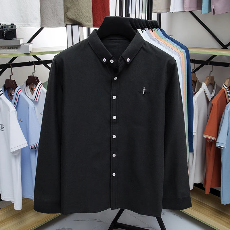 Light luxury fashion men's long sleeve shirt brand cartoon embroidery high-quality business casual solid color golf lapel top