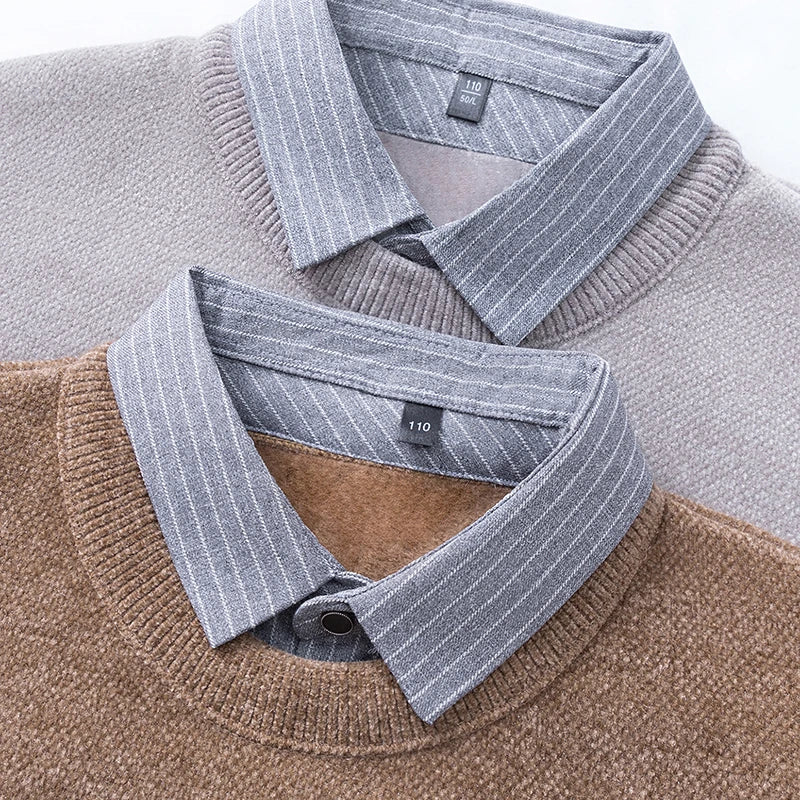 Luxury fake two piece men's knitted sweater fashion striped lapel pullover new thickened warm casual cartoon dog embroidered top