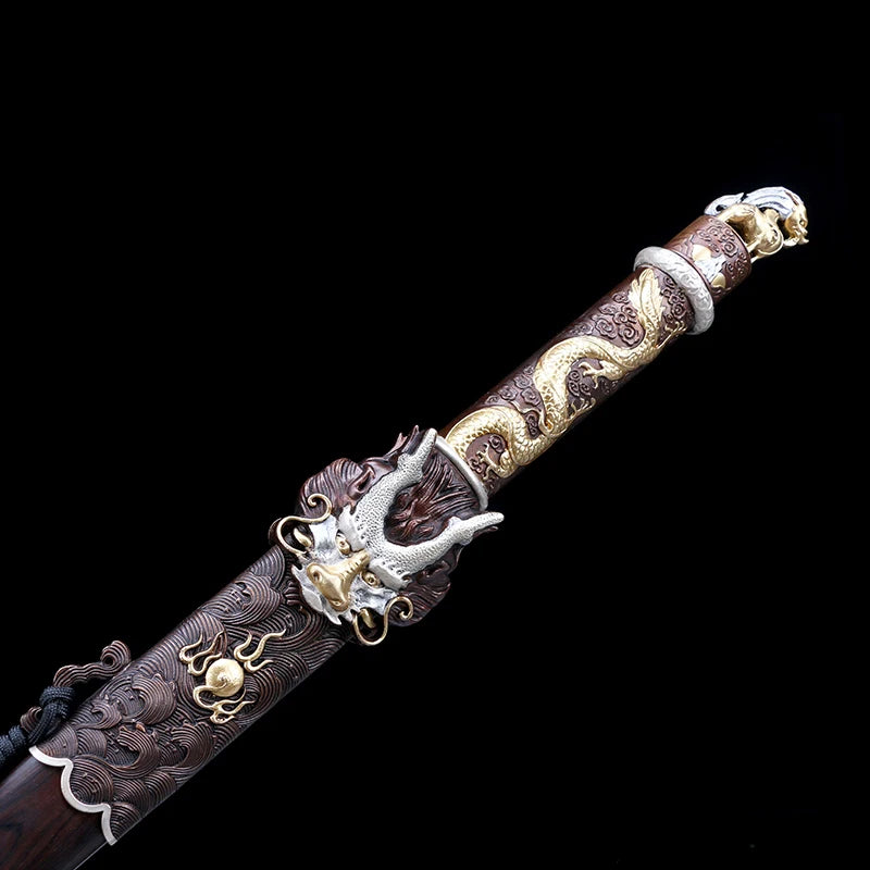Quality Chinese Dragon Sword Handmade Forged Folded Steel Blade Ebony Wood Sheath Collection Art Props Antique Swords