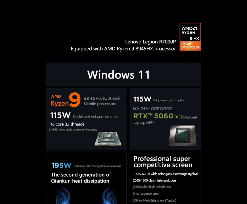Lenovo LEGION R7000P 2025 R9 8940HX/R9 8945HX RTX 5060/5070 8G 16inch 2.5K 240Hz Game