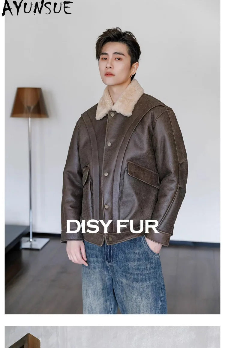 AYUNSUE Natural Sheepskin Fur Coat Men Autumn Winter New Short Real Wool Man Vintage Leather Jacket Motorcycle Fur Coats Jackets