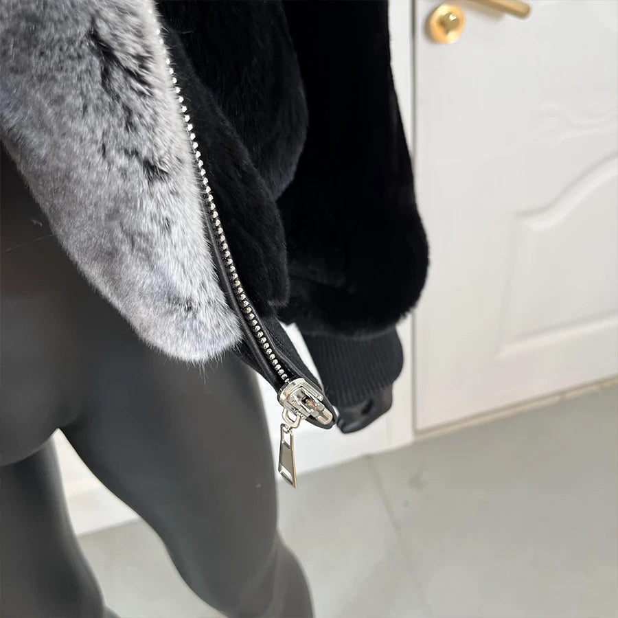 Men Rabbit Fur Coat Winter Short Real Rex Rabbit Fur Jacket With Hood Black Fur Coats Chinchilla Fur