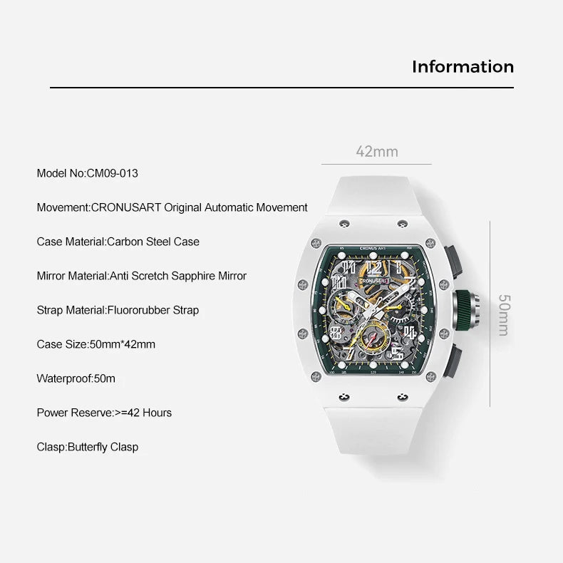 CRONUSART Men Chronograph Watch Tonneau Carbon Steel Case 50mm*42mm Automatic Mechanical Wristwatch Luminous Fluororubber Strap