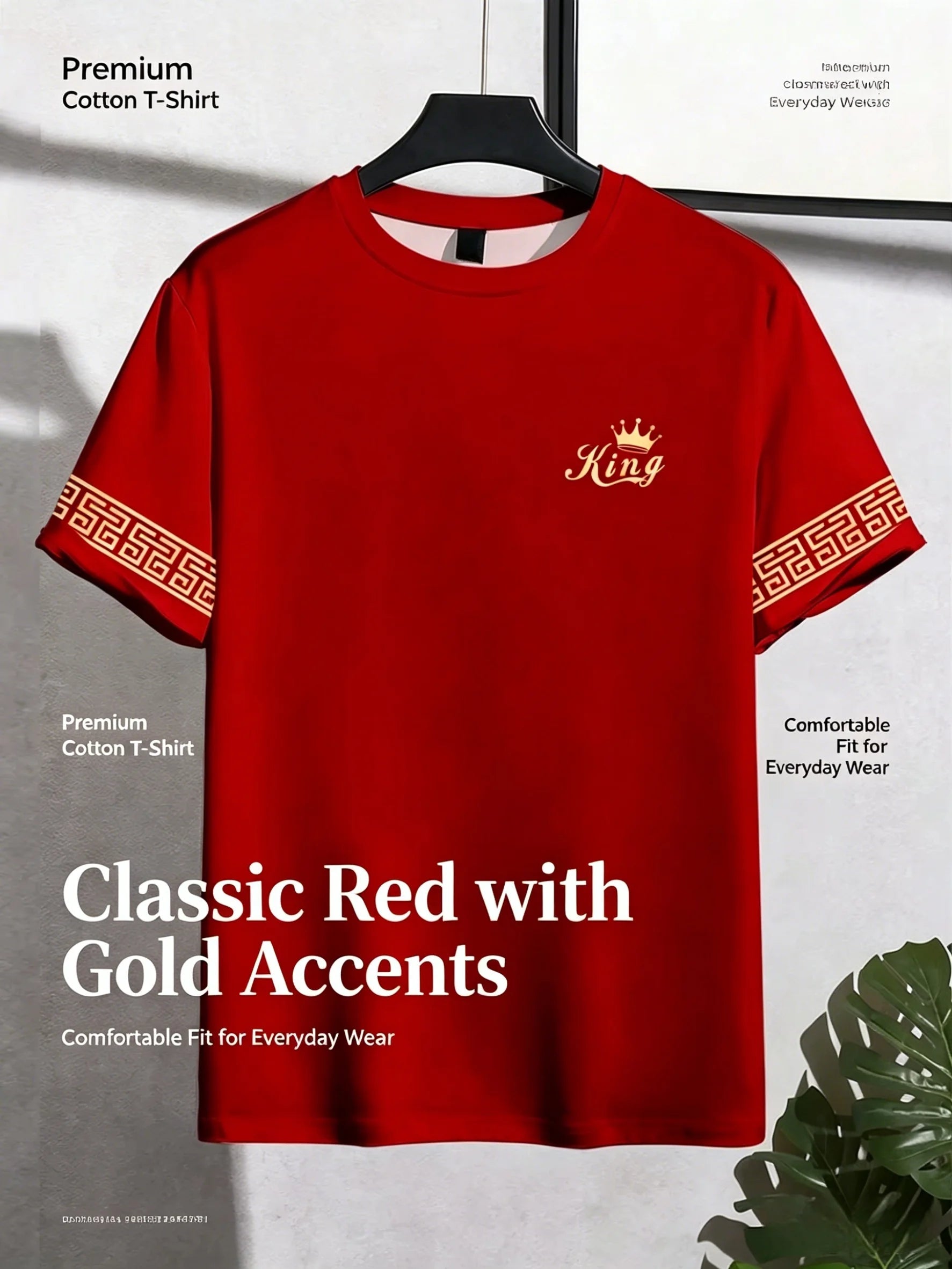 T Shirt for Man Men's Black and Golden Casual T-shirt Printed with "King" Crown + Arm Pattern Clothing Light Luxury Personality