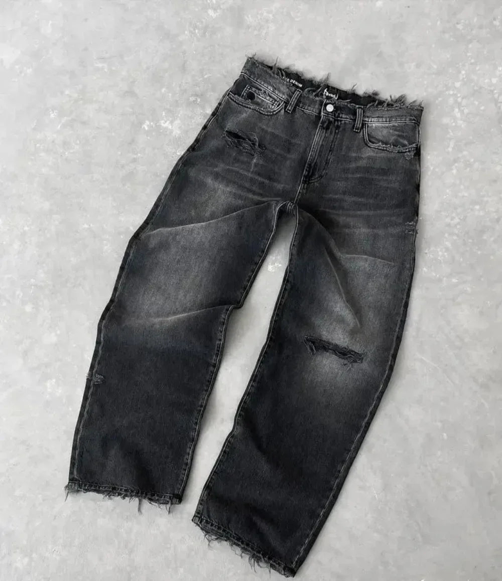 New Y2K Harajuku Retro Graphic Patch Jeans Hip Hop Gothic Raw Edge Embroidery Black Baggy Jeans Wide Leg Denim Pants Mens Womens