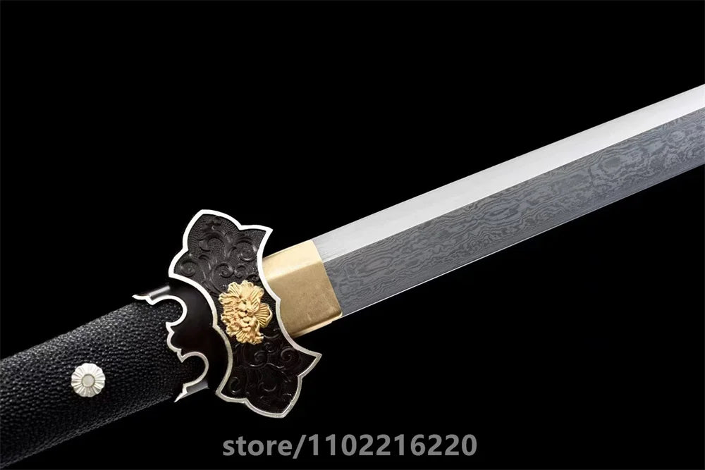 Premium Black Kungfu Battle Sword Damascus Steel Blade Sword Room Decoration Copper Gilded Fittings Wrap Real Rayskin Sheath