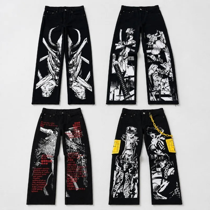 Anime Print Baggy Jeans Men Harajuku Hip Hop Black Denim Pants Streetwear Y2K Manga Graphic Wide Leg Trousers Gothic Clothes