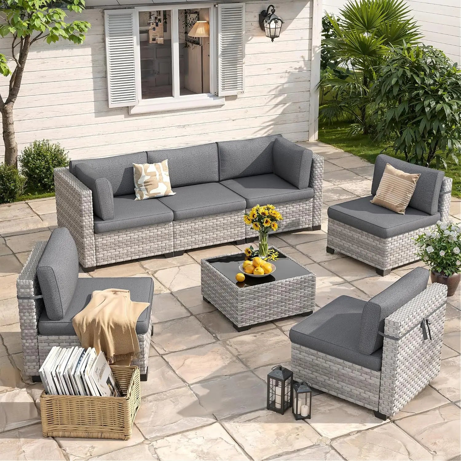 6-Seat Outdoor Wicker Sectional Sofa Set with Thick 4-Inch Cushions Dual-Strand PE Rattan Customizable Modular Patio Furniture