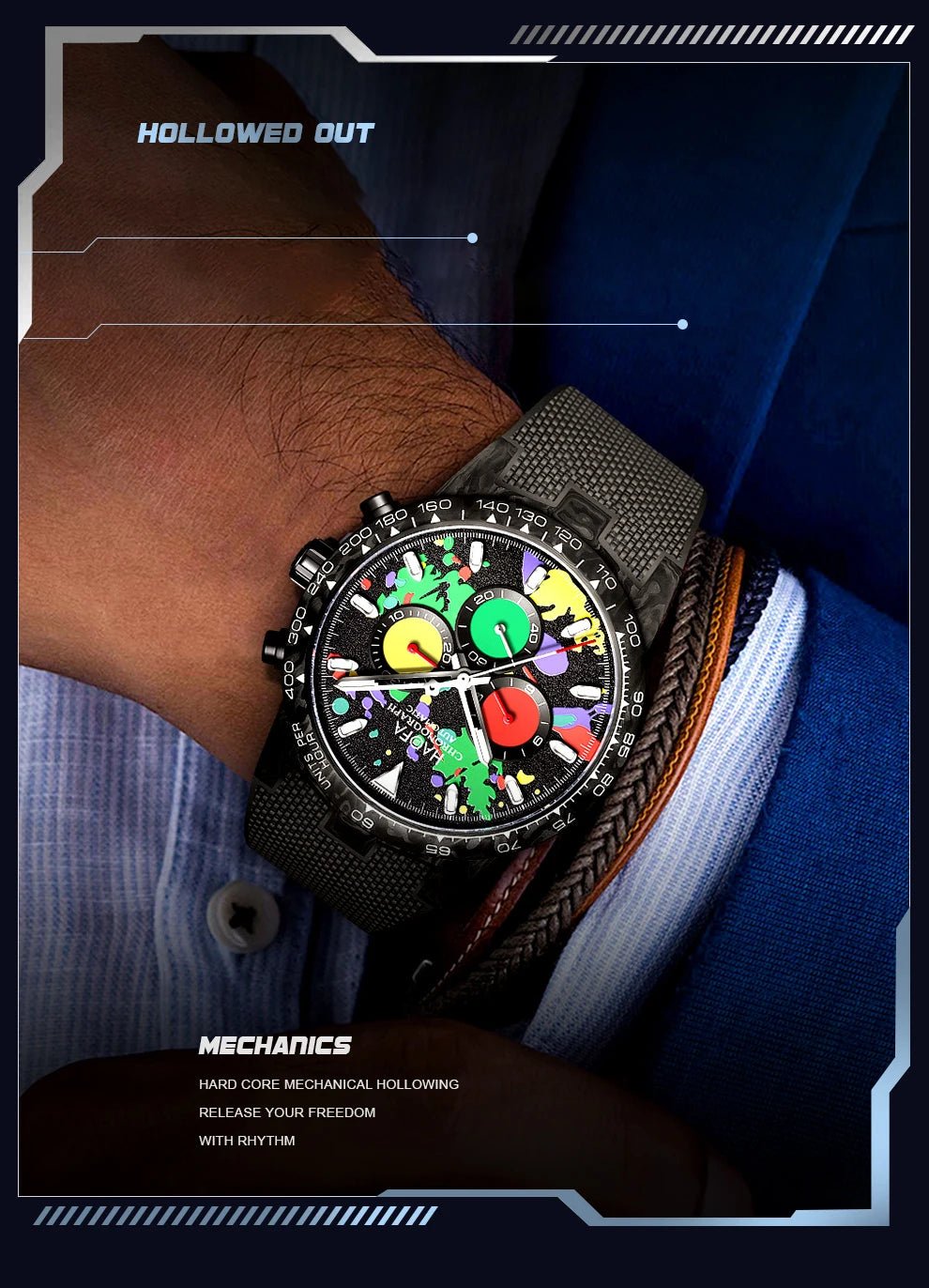 Haofa Carbon Fiber Chronograph Watch Automatic Mechanical Watches for Men Sapphire Waterproof Watch Cool Multi-function 2366