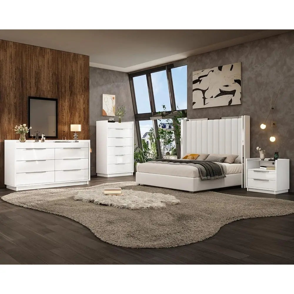 3-Piece High Gloss White Bedroom Set with LED Dresser, 8-Drawer Storage, 2 Charging Nightstands