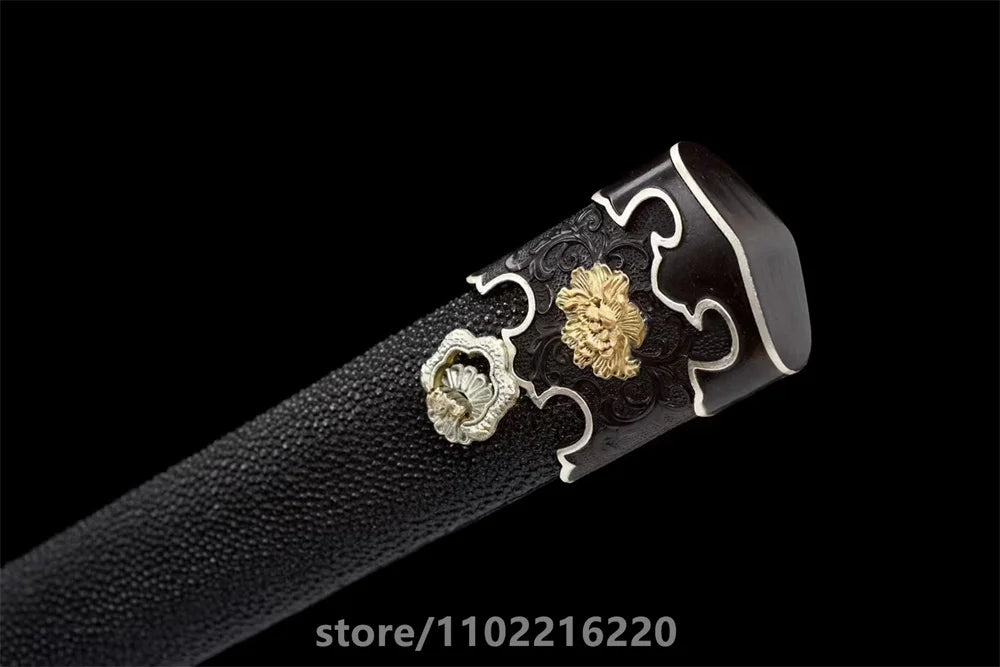 Premium Black Kungfu Battle Sword Damascus Steel Blade Sword Room Decoration Copper Gilded Fittings Wrap Real Rayskin Sheath