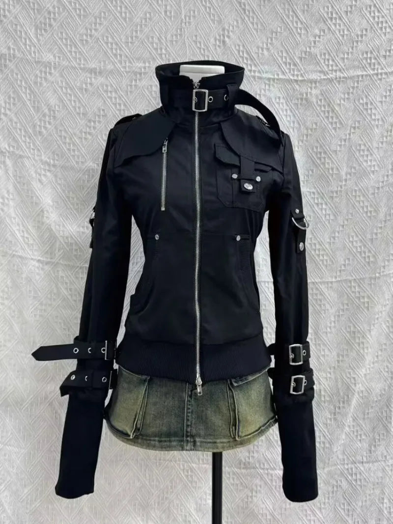 Retro Gothic Style Jackets for Women Japanese Cool Black Stand Up Collar Motorcycle Jackets 2025 Autumn New Harajuku Clothes