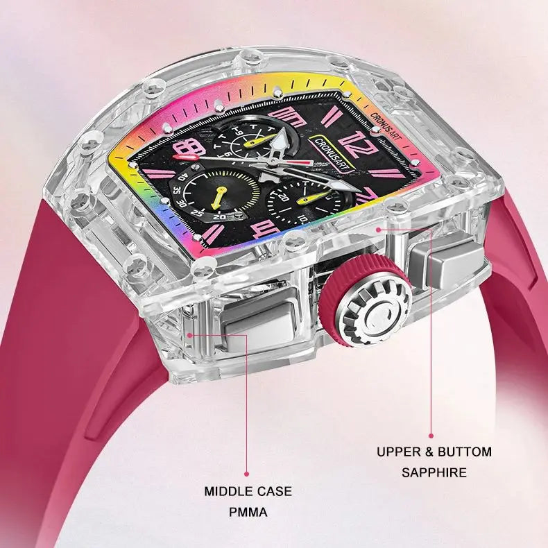 CRONUSART Men Automatic Watch 50mm Tonneau Chronograph Mechanical Wristwatch 5ATM Luminous Sapphire Case & Mirror Meteorite Dial