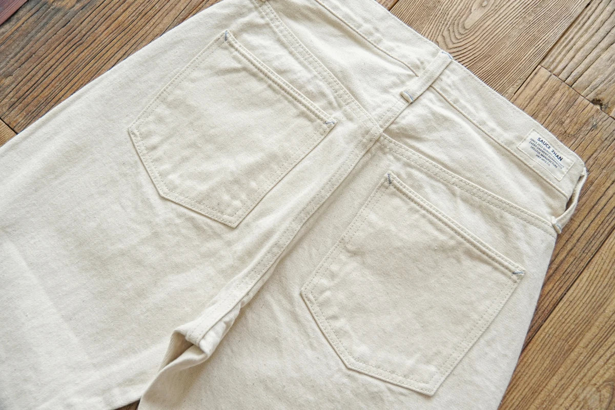 Sauce Zhan Mens Jeans Selvedge Denim White Jeans Regular Fit hight rise  14 Oz One Wash