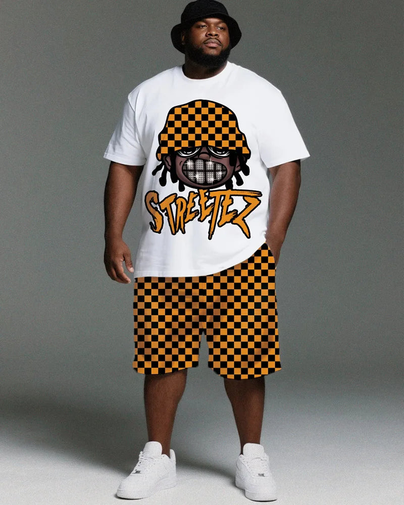 S-9XL Large Size Men's Casual Suit - Hip-Hop Cartoon Street Character Checkerboard Print Short Sleeve T Shirt and Shorts Two Pie